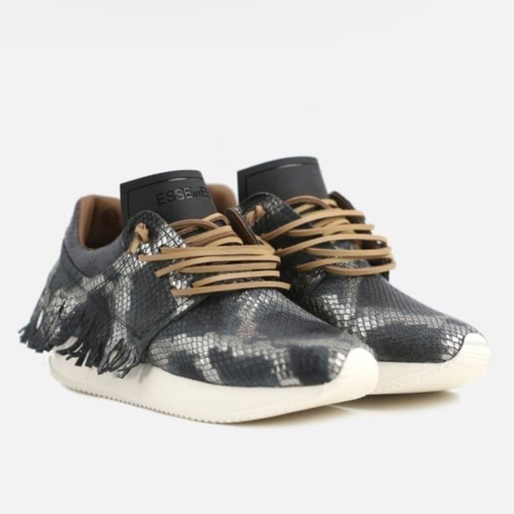 ESSEutESSE Metallic Python Print Lamb Leather Fringe Running Sneaker Black 39